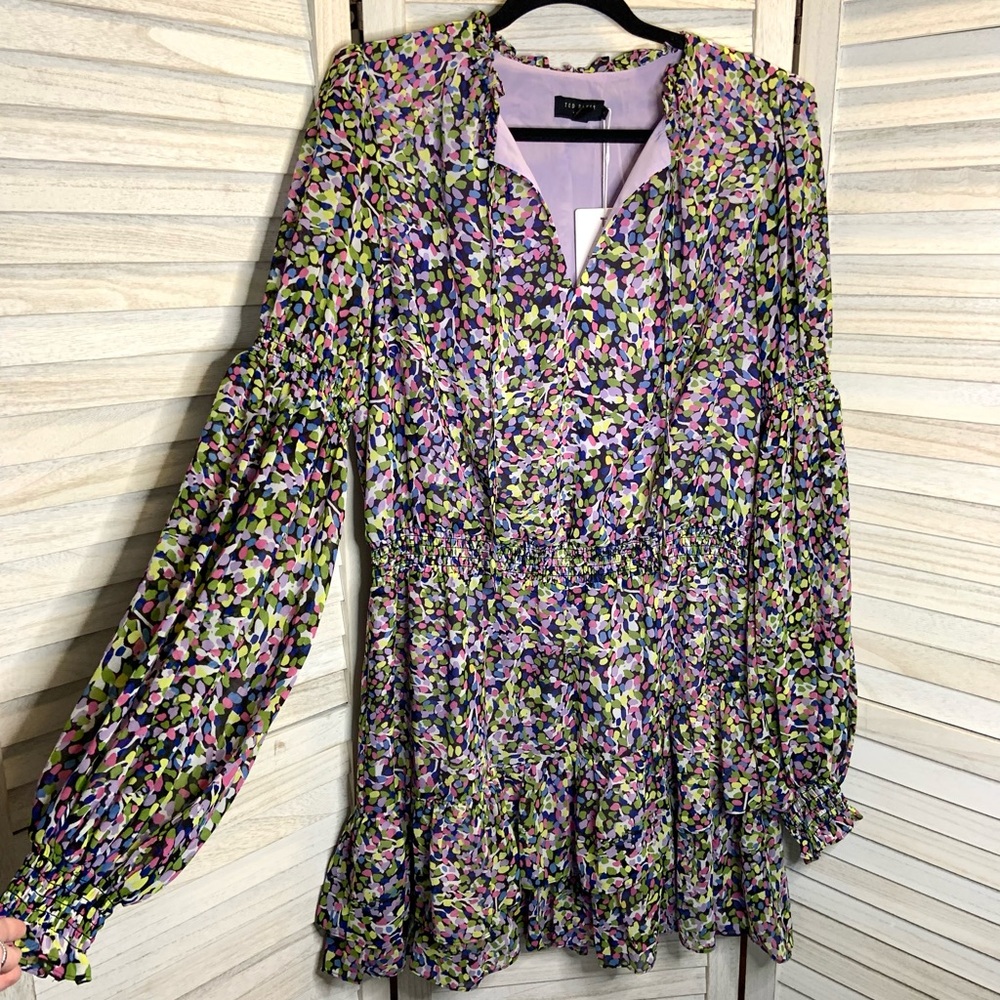 Ted Baker London Karlie Multicolor Black Smocked Detail Tiered Mini Dress 14 New